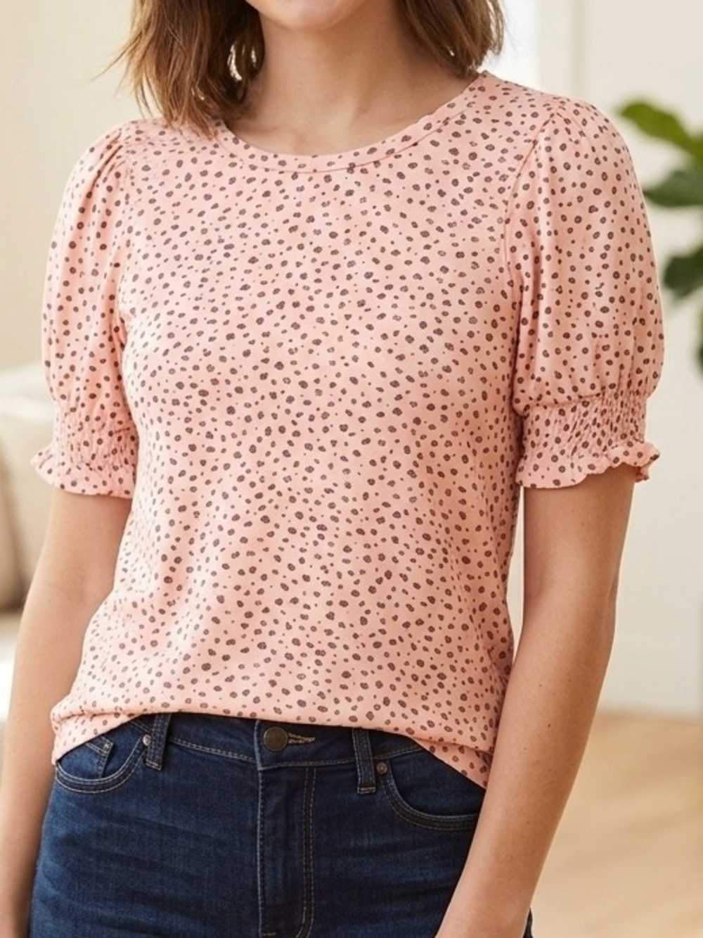 Democracy Pink Leopard Print Puff Sleeve Top PS Petite Small Knit Spandex Blouse